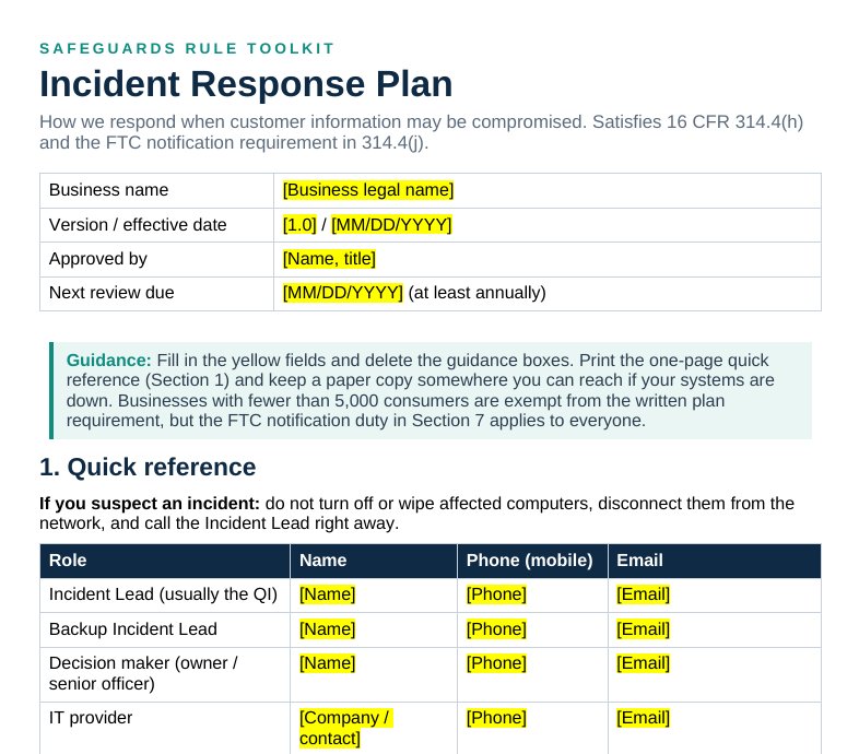 First page of the Incident Response Plan template